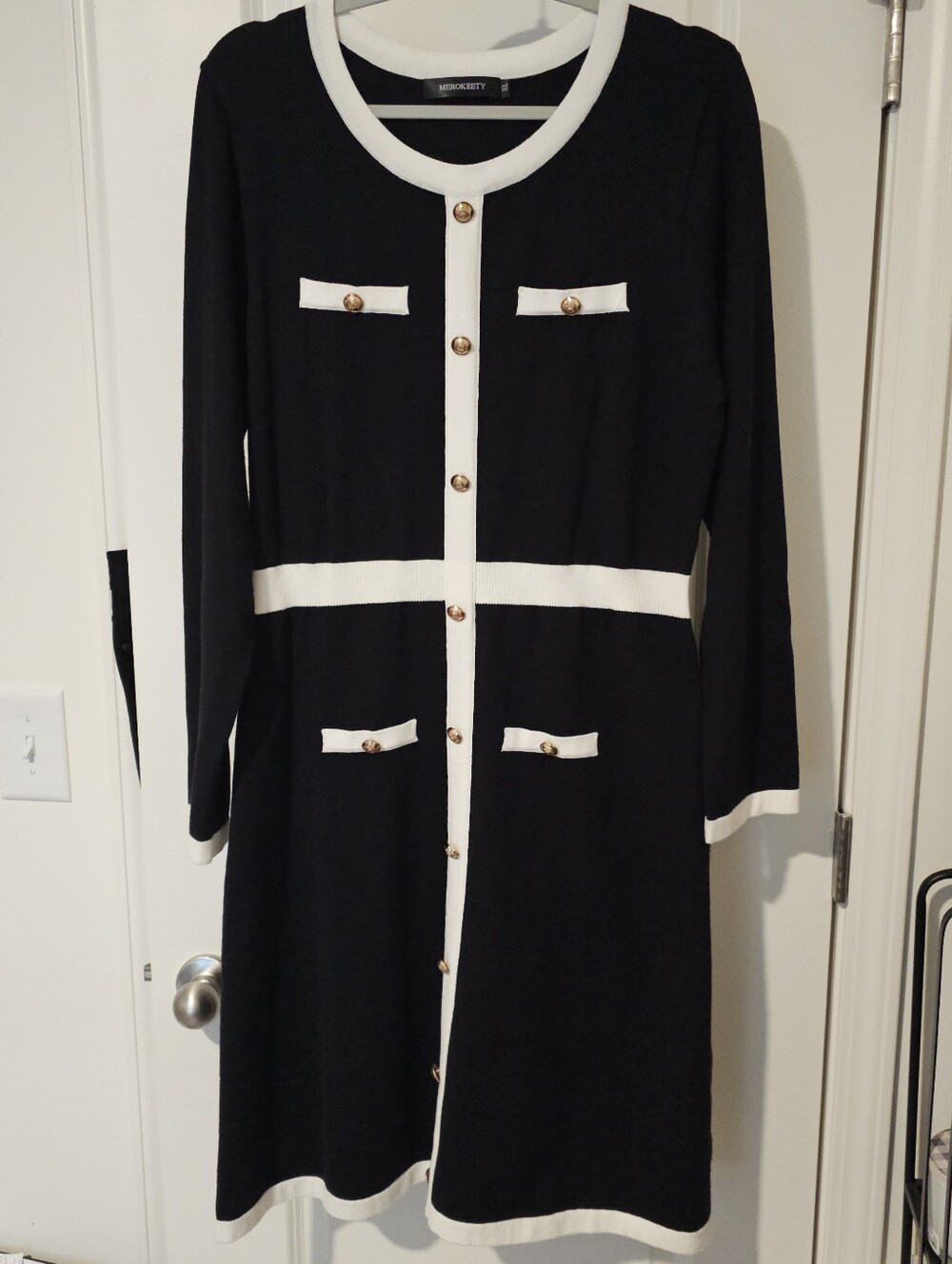 Merokeety Womens Black and White Long Sleeve Sweater Dress XL